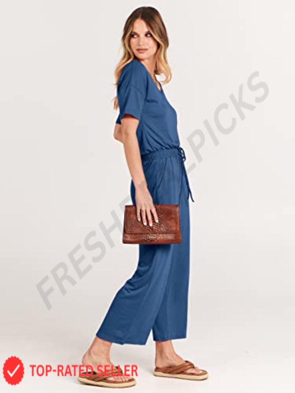 Wide Leg Cropped Jumpsuit V Neck Short Sleeve Romper with Pockets - Picture 3 of 6